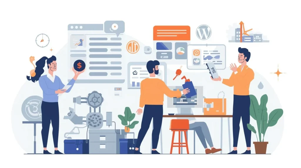 Illustration of a small business owner upgrading from an outdated, slow website to a modern, fast, mobile-responsive WordPress website in 2025, showing growth charts, SEO icons, and happy customers.