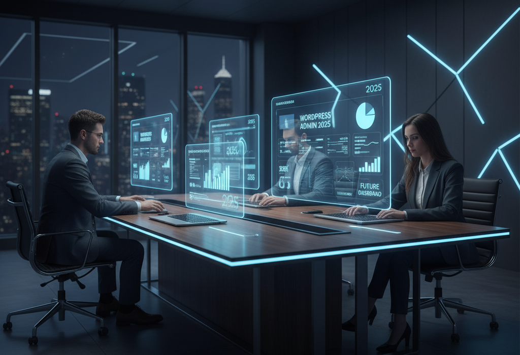 Business professionals working on futuristic WordPress admin dashboard – Best WordPress Themes for Small Business 2025