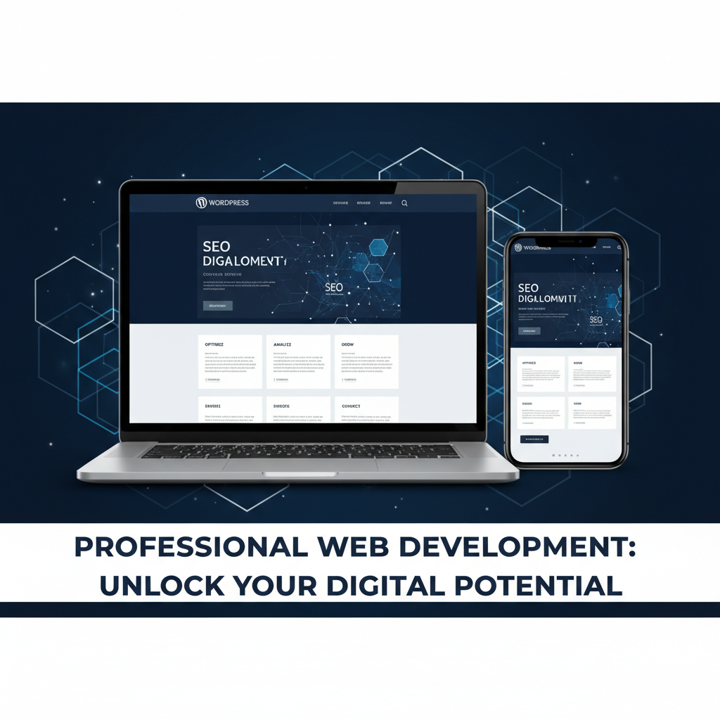 Professional WordPress development services showcasing modern business website design on laptop and smartphone with clean UI/UX, SEO, and digital growth concept