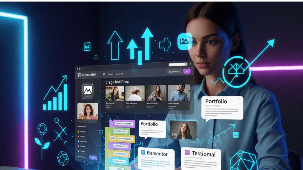 3D futuristic illustration of a business owner using a holographic Elementor interface to build a portfolio website