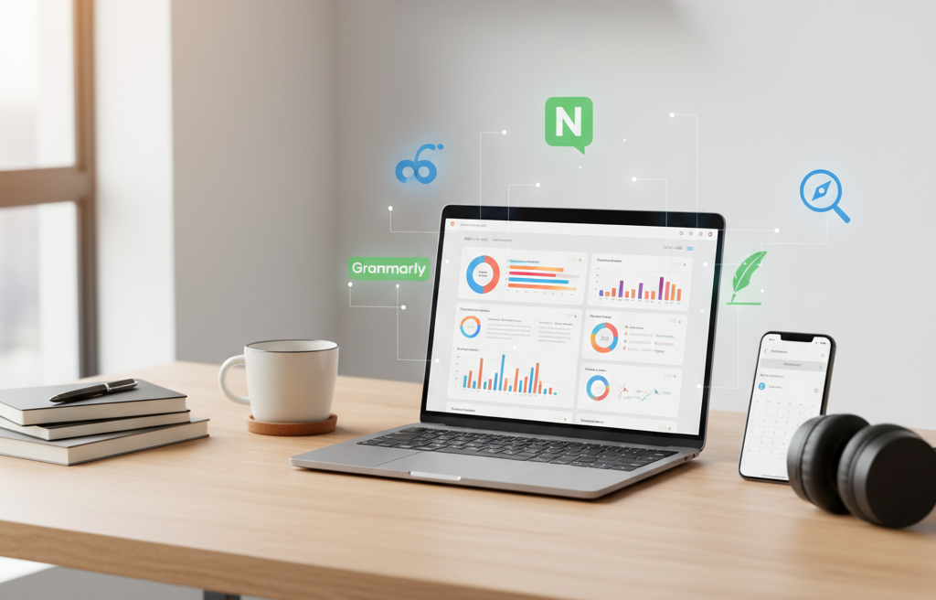 Modern workspace with laptop and freelancer tools representing the best tools for freelancers in 2025.