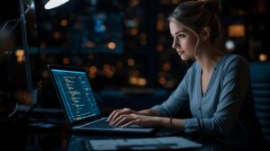 Freelance WordPress developer working on a high-performance website in a dark luxury workspace – Elemeentra