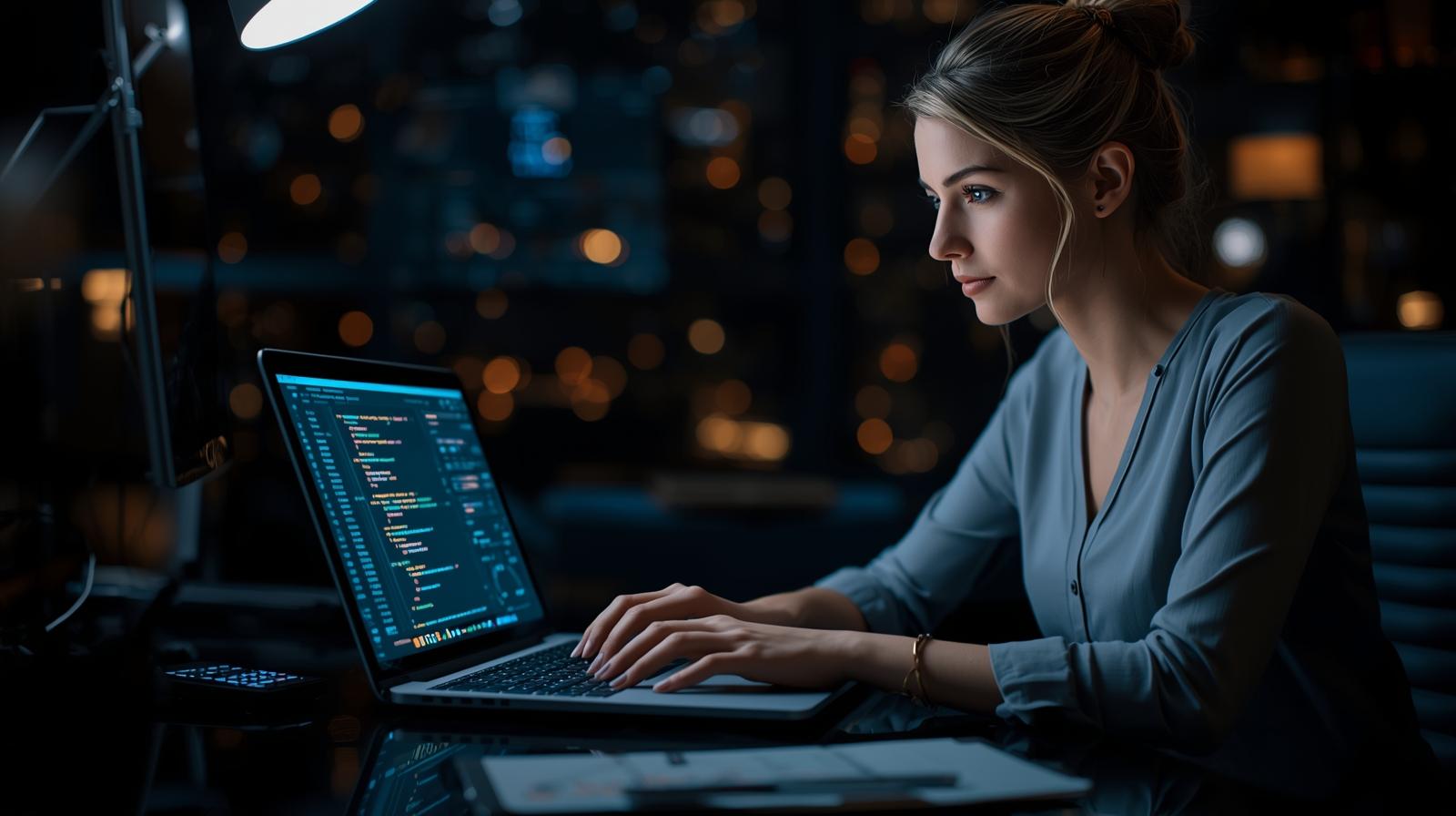 Freelance WordPress developer working on a high-performance website in a dark luxury workspace – Elemeentra